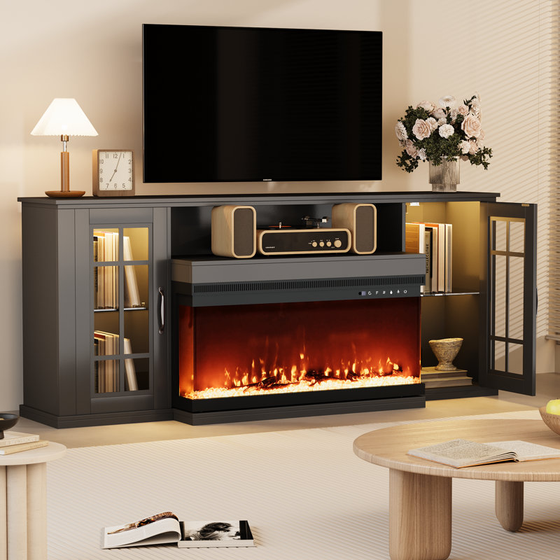 Meuble télé pour téléviseur de 65 po ou moins avec foyer, Noir, noir, noir, noir