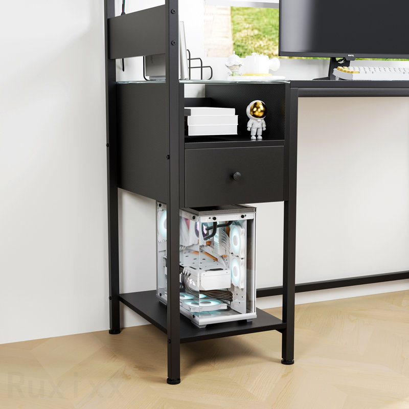 Bureau d'ordinateur avec prise de courant et tablettes de rangement, table d'écriture d'étude avec station de charge de ports USB, poste de travail PC pour bureau à domicile, noir
