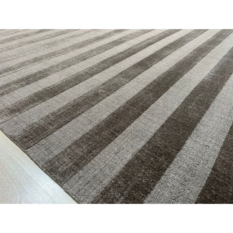 Gray Hand-Knotted Wool Subtle Striped Texture Modern Geometric  Contemporary Carpet Rug, 10' x 14'