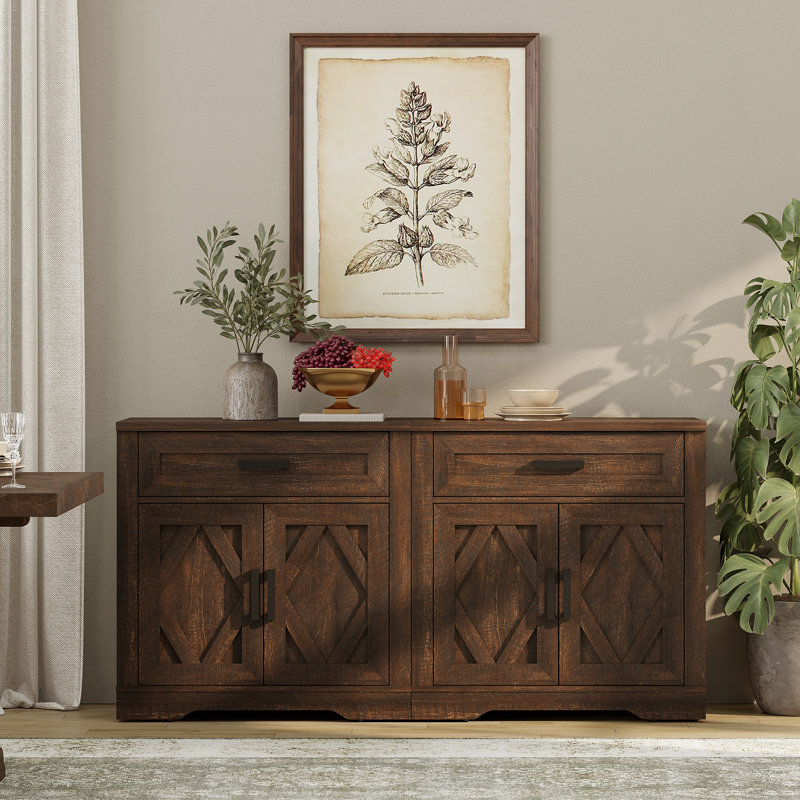 Grande armoire de rangement de style campagnard moderne de 63 po avec portes de grange et finition en écorce d'arbre résistante aux rayures Laziza