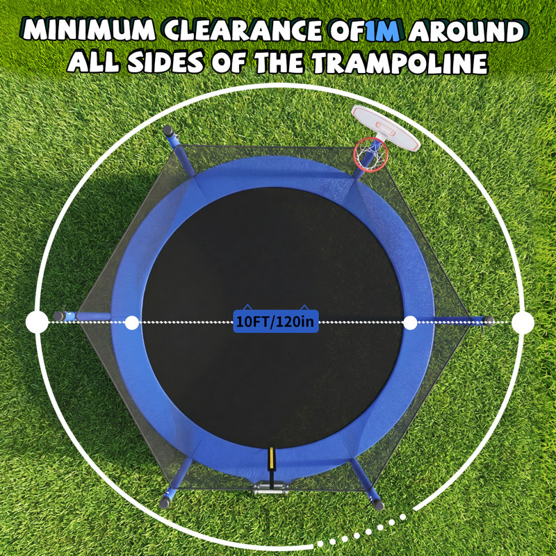 Trampoline 10 pi pour enfants, panier de basketball et échelle, trampoline pour enfants avec enceinte sécuritaire, assemblage rapide pour le plaisir dans la cour, approuvé ASTM
