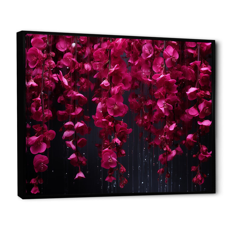 Rose et noir, cascade de fleurs fuschia - art mural sur toile Fuschia, Cadre flottant noir, H 30 po x l 40 po x P 1,5 po
