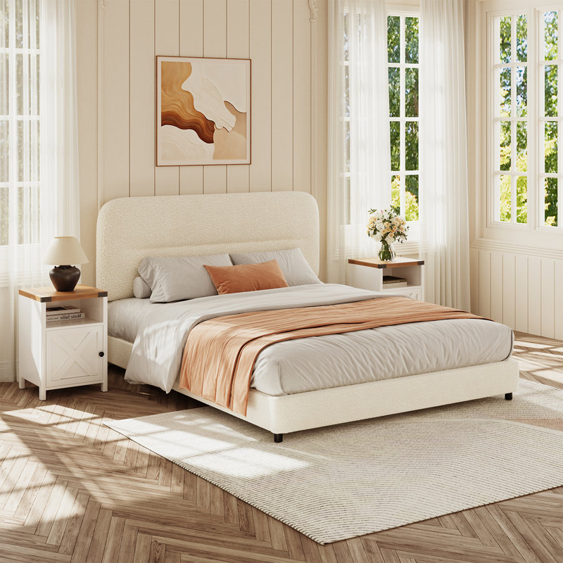 Ensemble de chambre à coucher 3 pièces, ensemble de lit avec ensemble de 2 tables de chevet, Double, Crème / Blanc