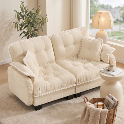 Cream Beige 2 Seat Chenille Cloud Sofa with Deep Tufted Cushions and Pom Pom Trim