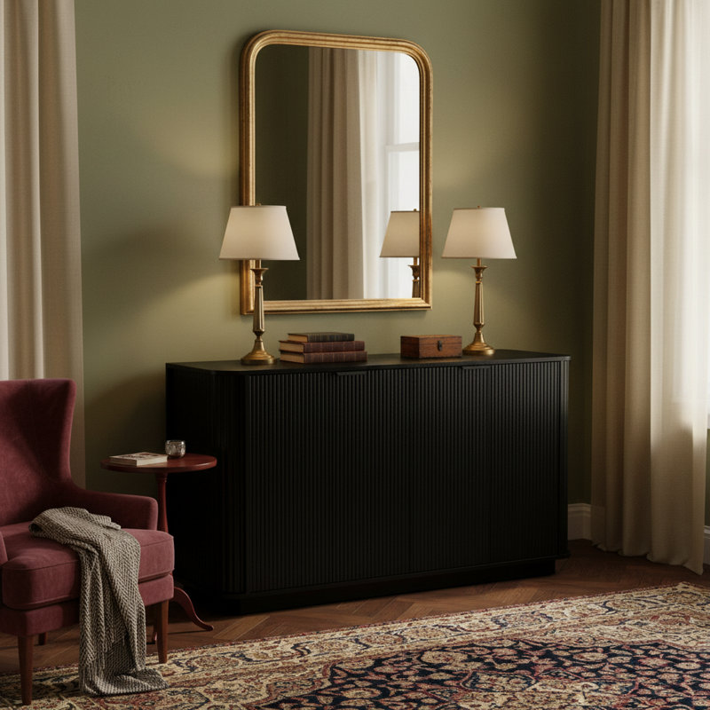 Buffet 63 po à double porte ondulée avec tablettes réglables, convenant à la cuisine, au salon et au couloir, Noir