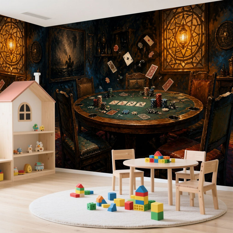 Papier peint adhésif auto-adhésif moderne pour la chambre - avec table de poker rétro, jetons de cartes à jouer flottants, reproduction de peinture à l'huile