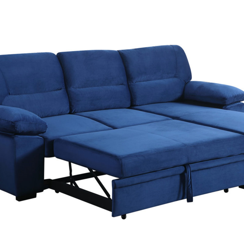 Velvet Fabric Reversible Sleeper Sectional Sofa Chaise, Blue