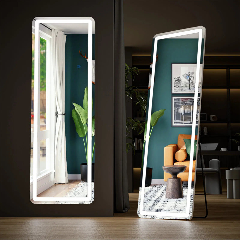 Led Lighted Floor Mirror With Stand, 3 Color Lighting & Adjustable Brightness, Full Length Standing Mirror, Wall Mountable