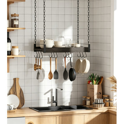 24"x13" Ceiling Mount Hanging Pot Rack with 12 S-Shaped Hooks, Vintage Charcoal Grey Pan Holder