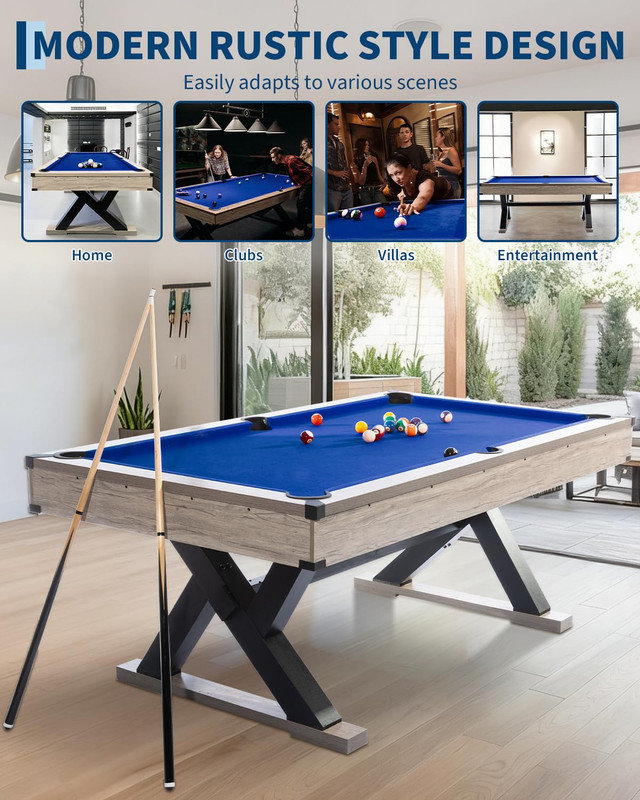 Table de billard de 7 pi avec accessoires, support en K robuste, feutre professionnel, finition en bois gris rustique, comprend des queues et des boules (84 x 46 x 32 po)