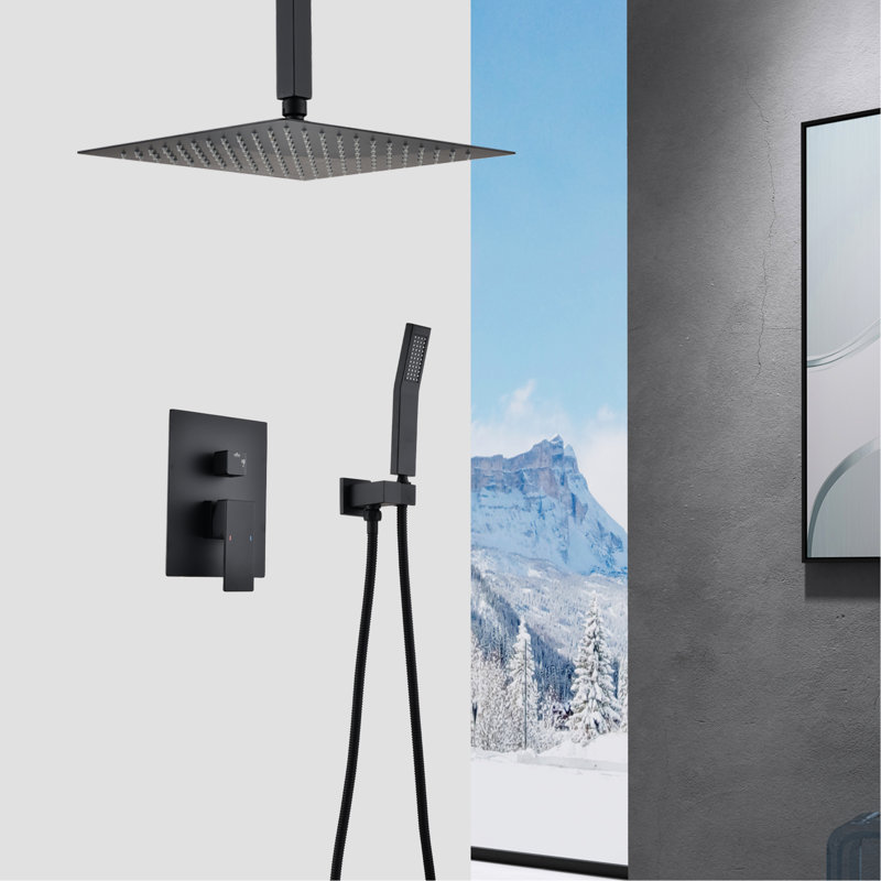 Matte Black Ceiling Mounted Shower Kit - 12" Head And Handheld Natural Rainfall Simulation Self-Cleaning Outlet Brass Manufactured In & Faucet Produced