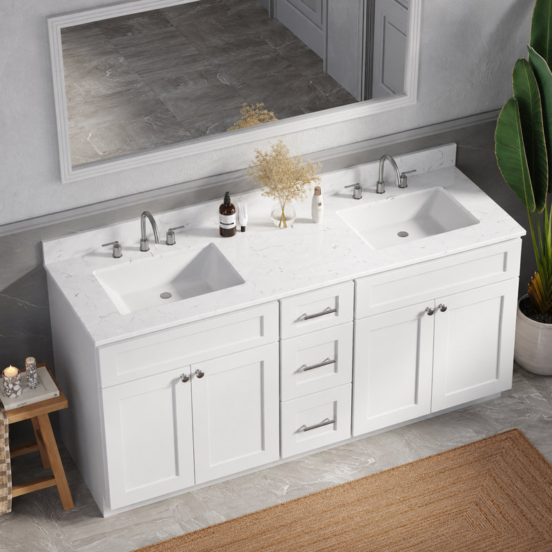 Meuble-lavabo double autoportant de 84 po avec comptoir en quartz de Carrare et 3 tiroirs, Blanc
