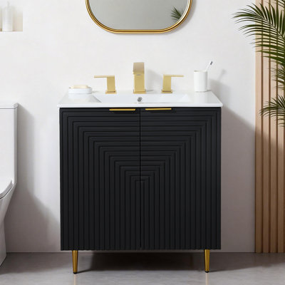 Meuble-lavabo autoportant cannelé noir de 30 po avec lavabo en céramique blanche et quincaillerie dorée