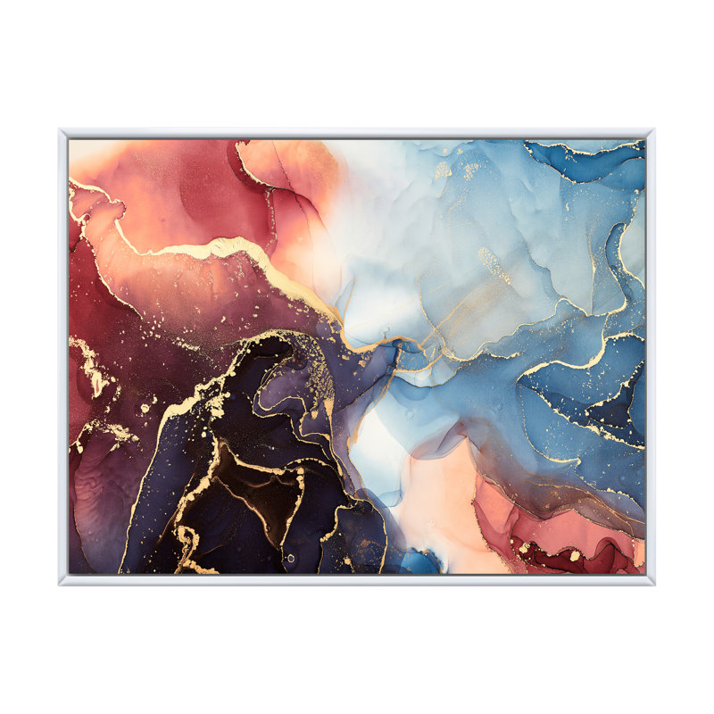 «Brown and Blue Luxury Abstract Fluid VI», peinture sur toile, H 34 po x l 44 po x P 1,5 po, Cadre flottant blanc