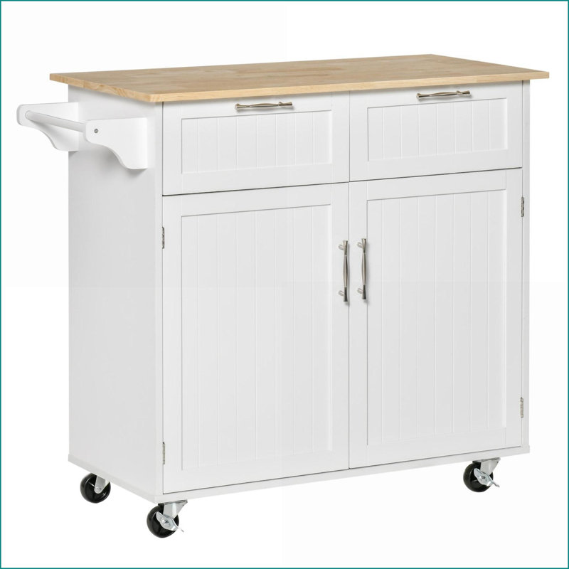 Îlot de cuisine sur roulettes, chariot roulant moderne blanc de 41 po avec plateau en bois d'hévéa Rangement | Blanc | Bois d'hévéa