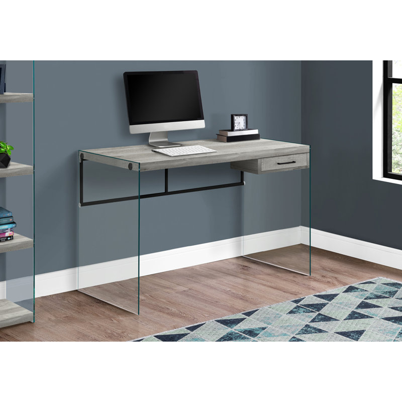 Bureau moderne de 122 cm (48 po) de long, stratifié gris, plateau en verre trempé transparent, meuble de rangement pour bureau à domicile, tiroirs, style contemporain