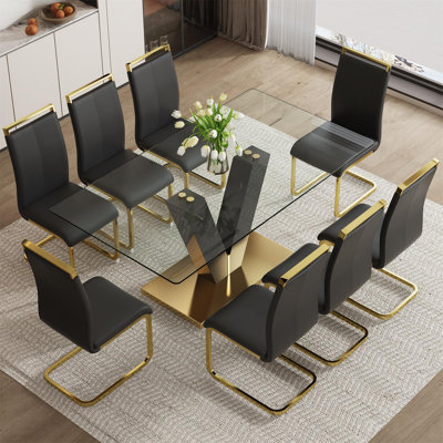 71" Glass Top Dining Room Table Set for 8, Sturdy Kitchen Table Set with Upholstered Chairs