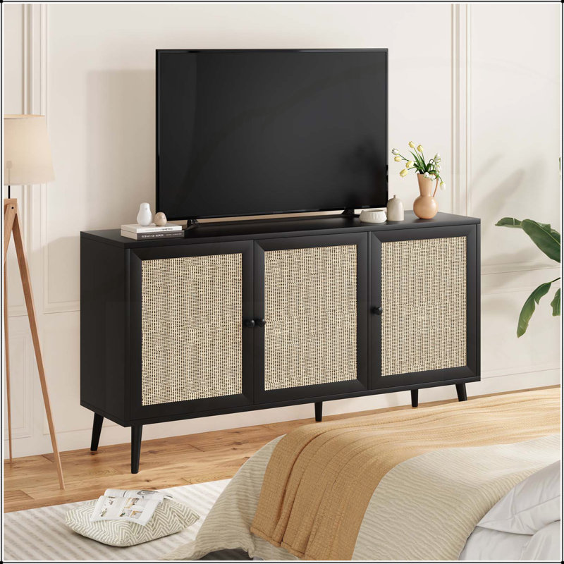Elegant Rattan Sideboard Buffet Cabinet with 3 Doors, Large Storage for Modern Kitchens and Entryways, Black