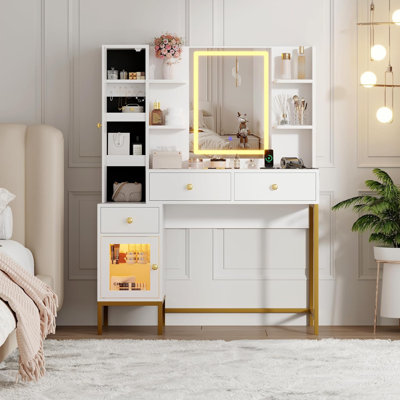 Wpond Vanity Desk, Makeup Vanity With LED Mirror& Charging Station, Dressing Table