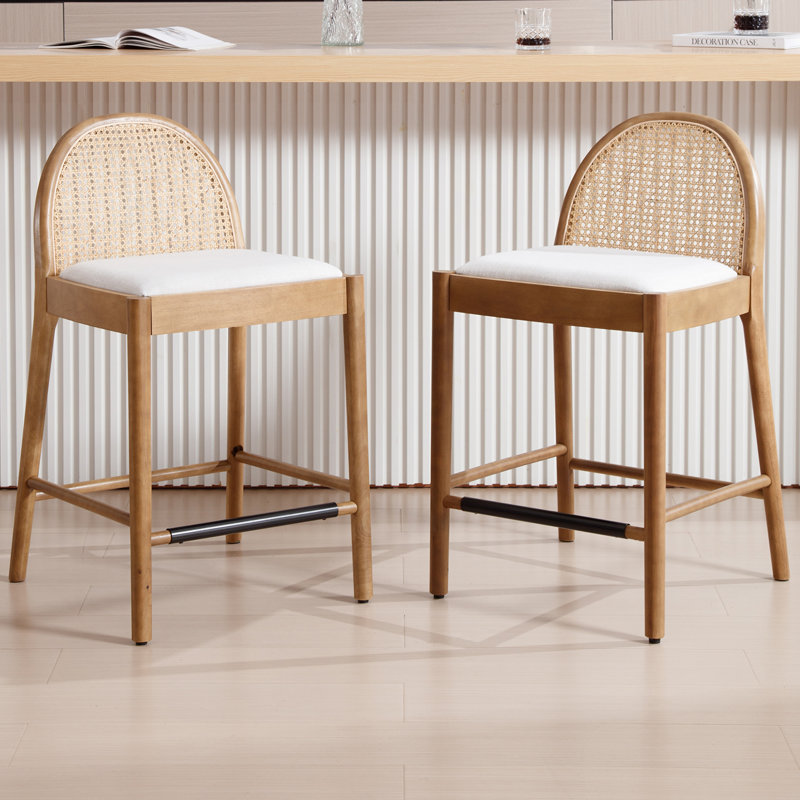 Modern Bar Stools Upholstered Counter Stools With Rattan Backrests And Wood Legs Kitchen Stools For Island, Brown/Beige