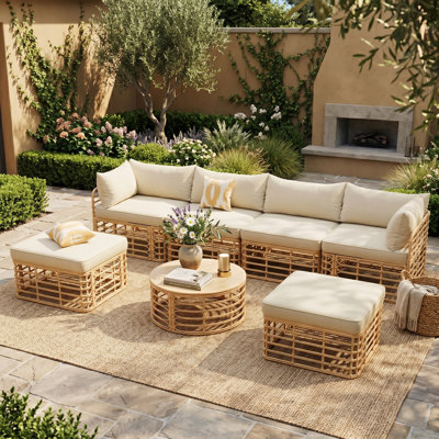 Ensemble de canapé modulaire d'extérieur en osier 7 pièces avec coussins, brun
