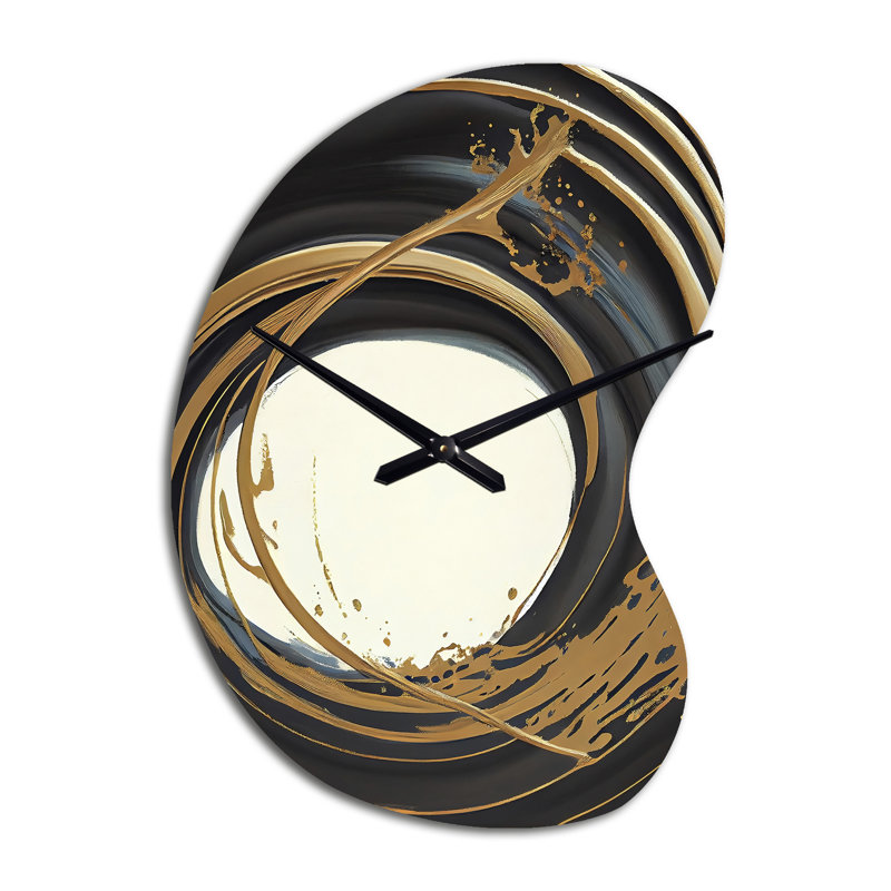 «Black and Gold Circle II - Abstract Spirals», forme unique en métal, horloge murale asymétrique moderne, Grand