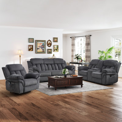 Ensemble de salon inclinable en chenille 3 pièces texturé ananas - Fauteuil inclinable électrique lève-personne de 46,1 po de largeur avec chauffage, massage et charge de type C, canapé inclinable manuel de 87,4 po de largeur avec siège central fixe