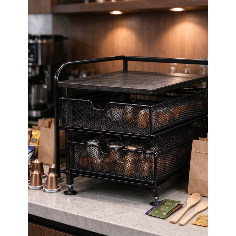 Coffee Pod Drawer for K-Cup and Nespresso Vertuo Pods, Two Tier Coffee Organizer with Sliding Drawer, Heavy Duty Metal Frame, Countertop Coffee Station Storage Rack