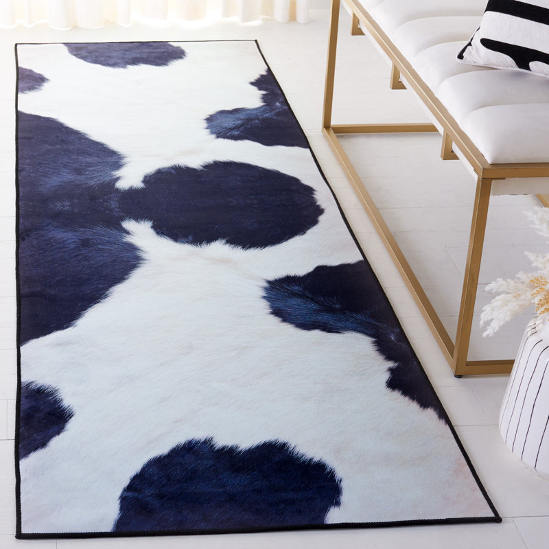 Faux Hide Atze Machine Washable Area Rug In Ivory & Blue, Runner 76 x 244 cm