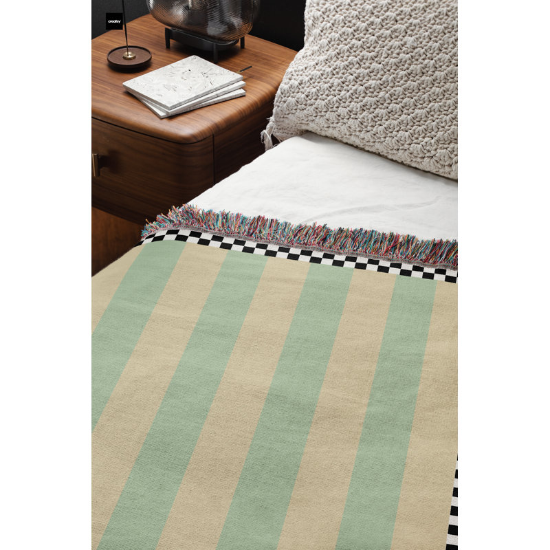Checkered Border 100% Cotton Woven Blanket, 80" L x 60" W, Green/Cream