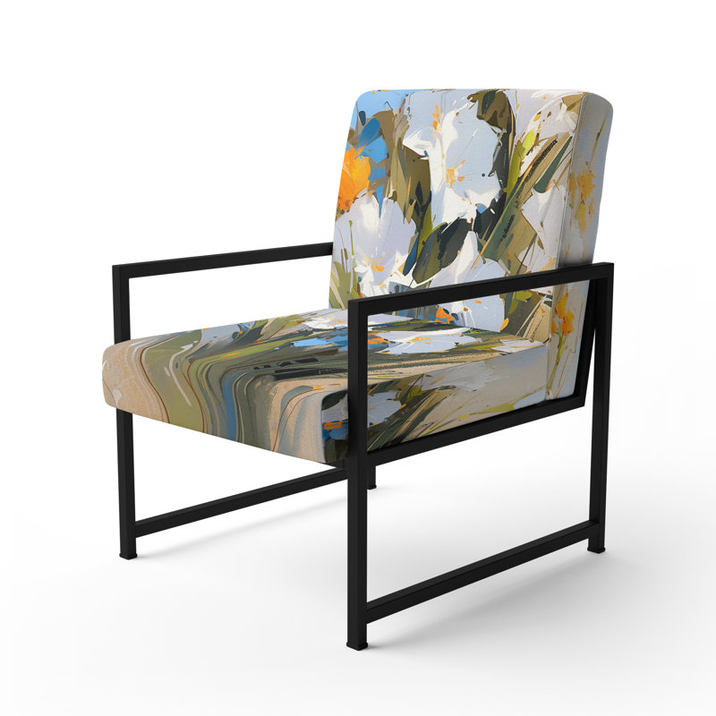 Briele - Fauteuil d'appoint rembourré à motif floral blanc et vert, Noir, noir, noir, noir