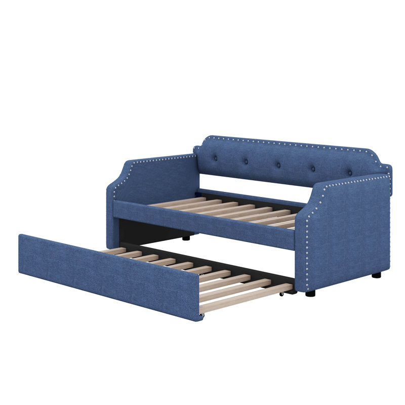 Twin Size Upholstered Daybed With Trundle, Blue