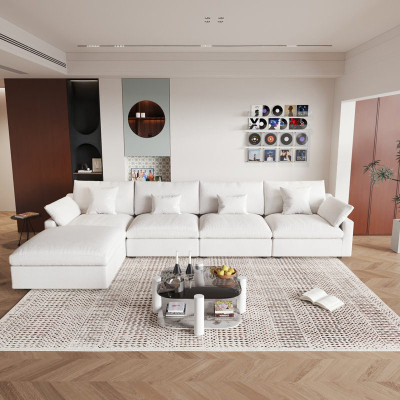 Slipcovered Upholstered Modular Sofa With Ottoman, Beige, 29.53" H x 155.9" W x 77.95" D