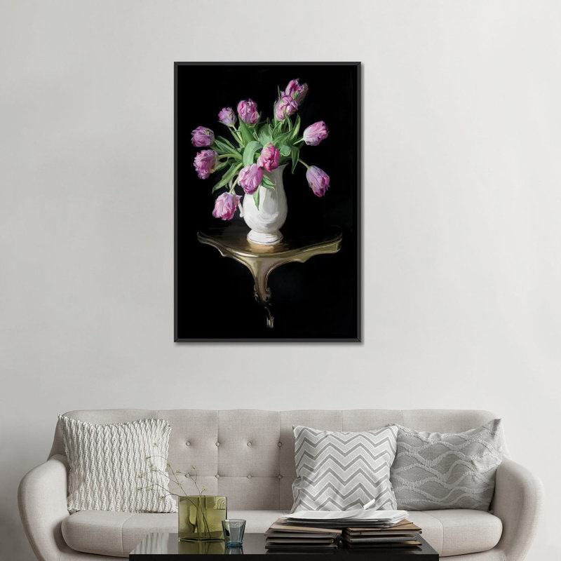 «Cascading Tulips», impression sur toile, H 26 po x l 18 po x P 1,5 po, Toile avec cadre noir, Pas de tapis