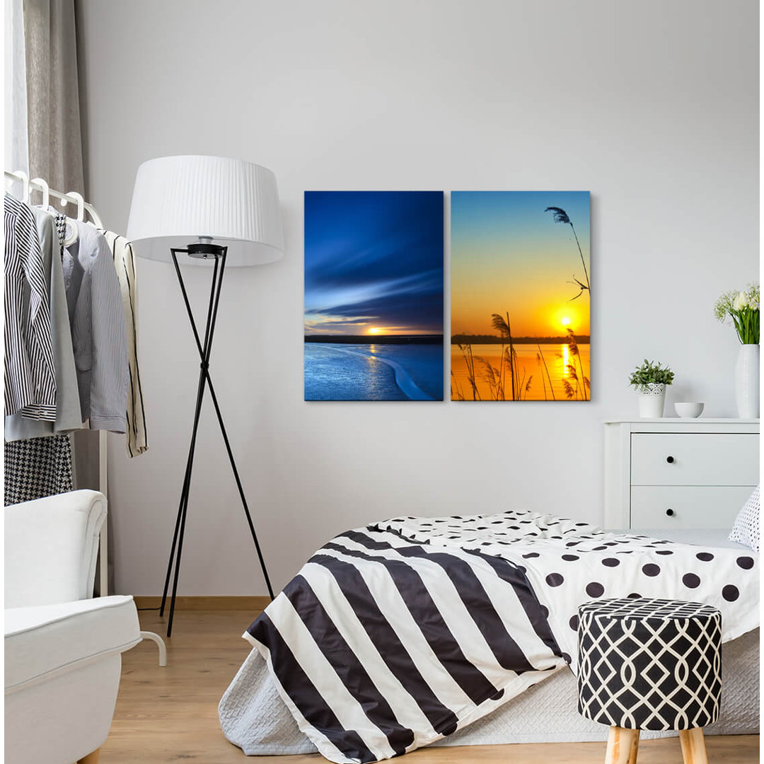 2-tlg. Leinwandbilder-Set - Fotografie „Lake Road Horizon Sunset Sunset Dusk Silence Calm”