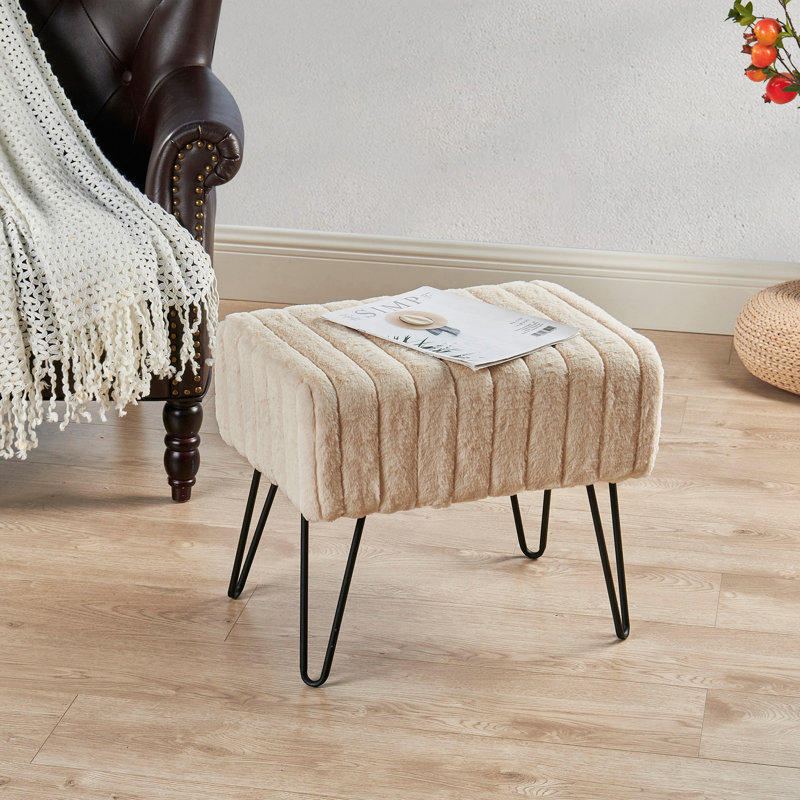Defranco Upholstered Ottoman, Oatmeal Faux Fur