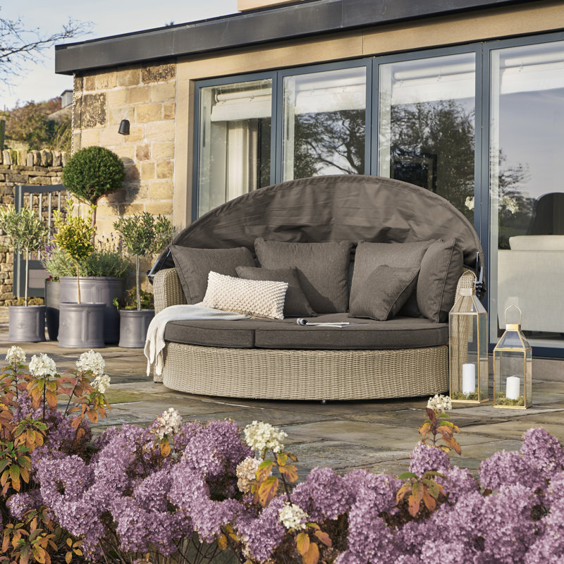 Aarju 195cm Wide Wicker Patio Daybed with Cushions, Sandy Beige