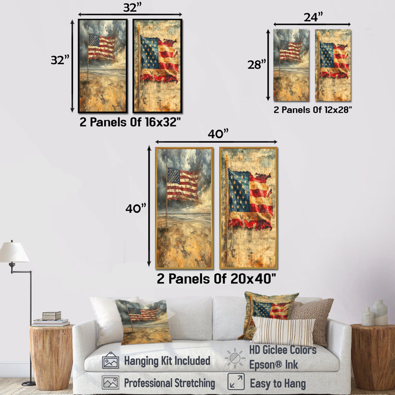 Drapeau américain sur le jour J, Invasion de la Seconde Guerre mondiale, collection d'art mural 2 pièces, H 28 po x l 25 po