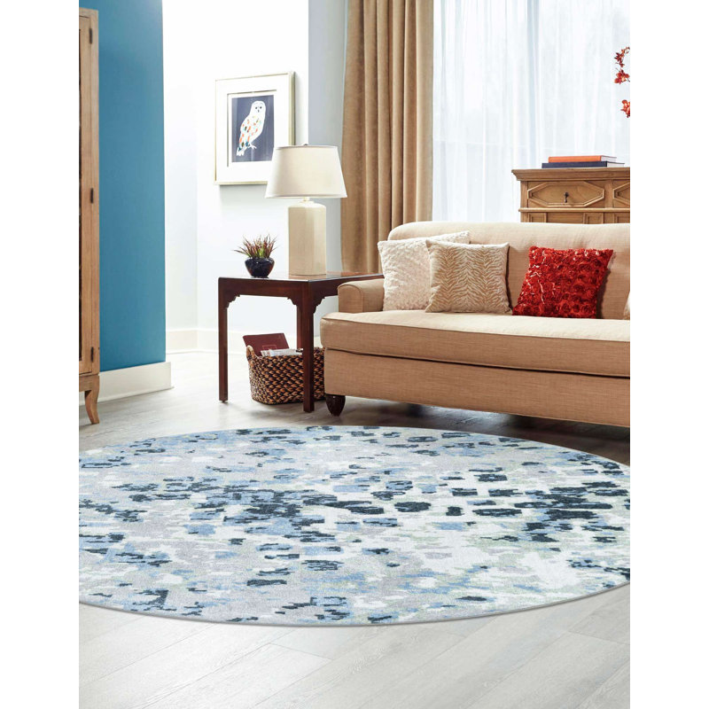 Tapis en polyester tissé à la machine Azion en gris / bleu marine / ivoire, Rond 5 pi 3 po