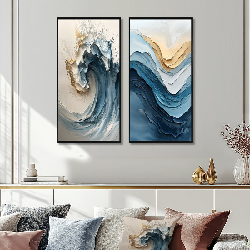 Ensemble de 2 pièces d'art mural marbré blanc et bleu - vagues côtières, H 40 po x l 40 po, Impression encadrée