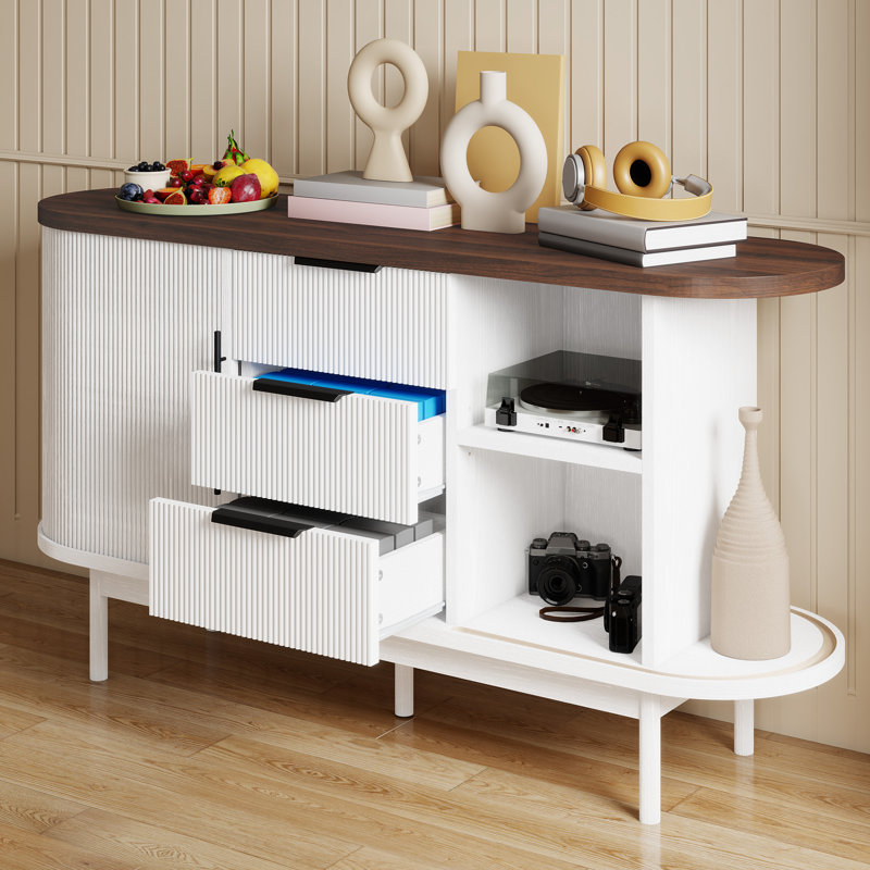  55" Sideboard Buffet Storage Cabinet With Fluted Sliding Doors And 3 Drawers, Brown/White