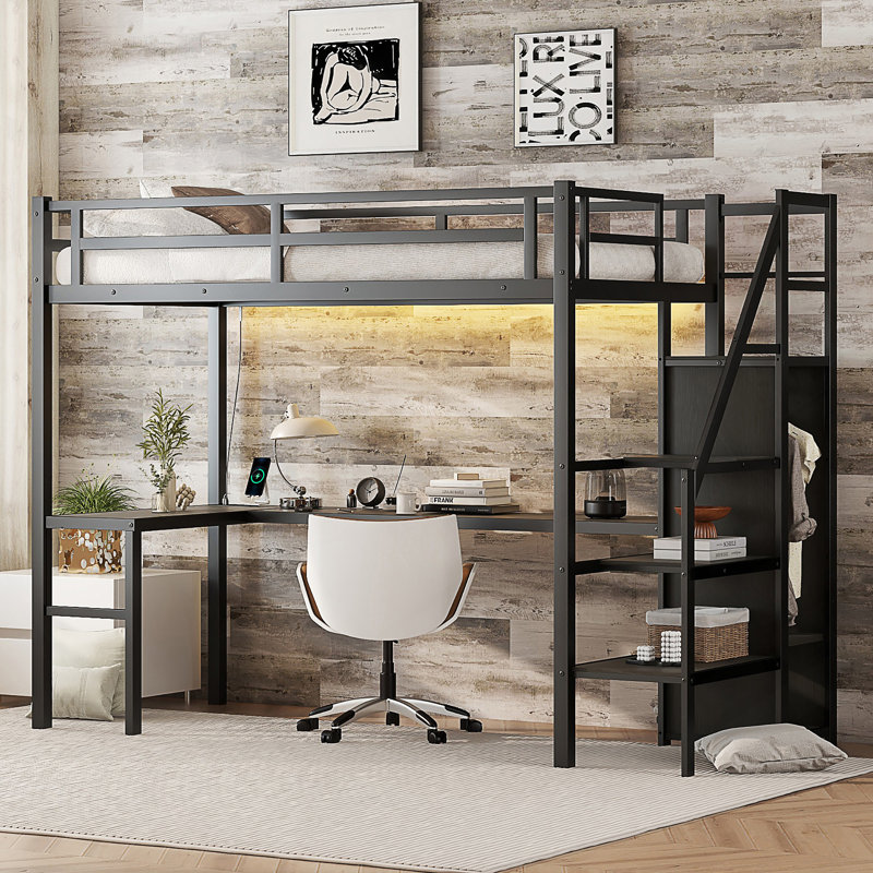 Twin XL High Loft Bed With L-Shaped Desk, USB Ports, LED Lighting, Wardrobe, And Adjustable Storage Shelves.