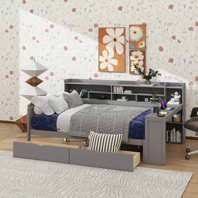 Lit de jour double en bois avec rangement intégré, conception multifonctionnelle avec deux tiroirs et un bureau d'étude