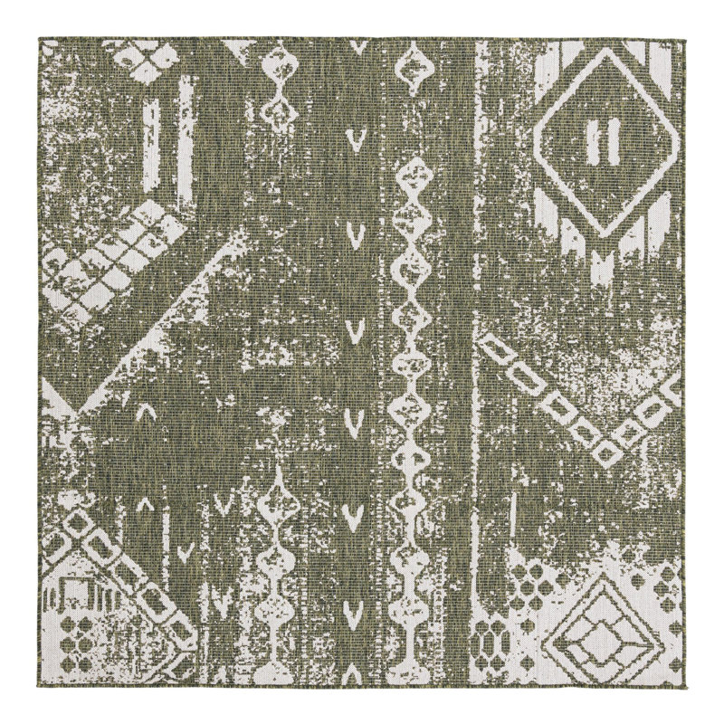 Braeleigh Geometric Machine Woven Polypropylene Indoor / Outdoor Area Rug in Green/Ivory, Square 7'