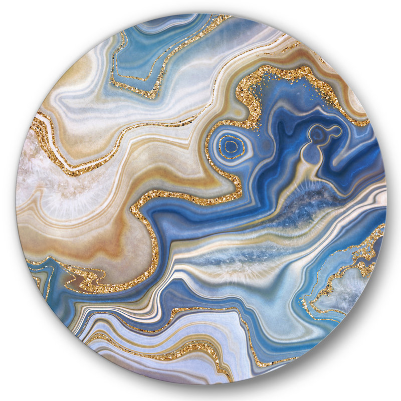 Bleu océan, agate de jaspe doré II - cercle imprimé en métal, H 11 po x l 11 po