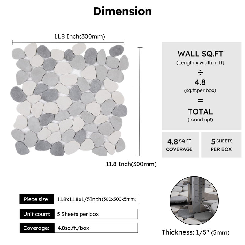 Diflart Java Tan and White Pebble Mosaic Floor and Wall Tile 11.8" x 11.8" , Gray