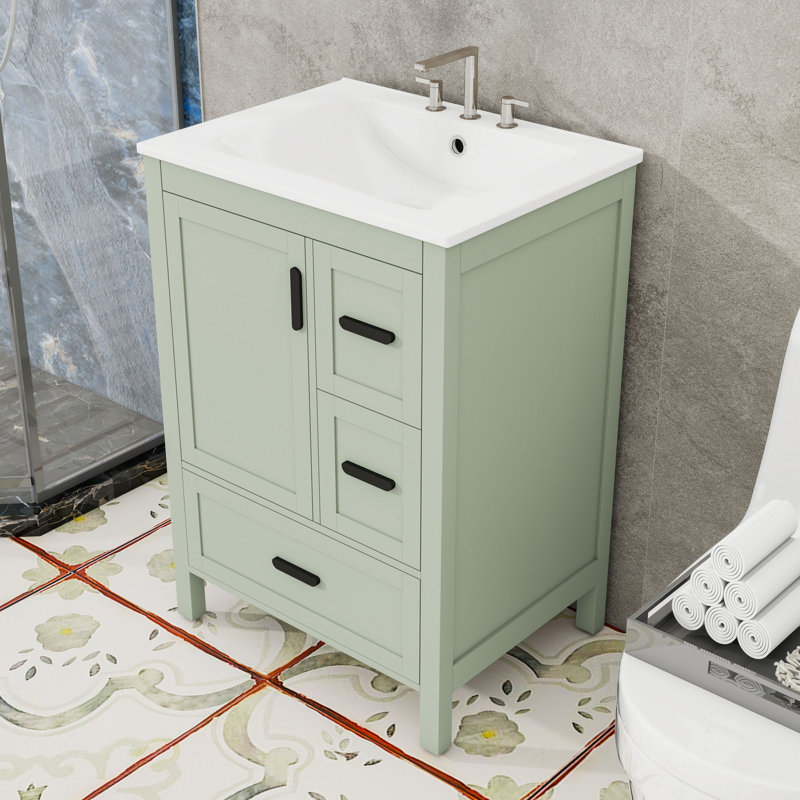 Meuble-lavabo moderne avec lavabo en céramique, 3 tiroirs et armoire à fermeture en douceur, Vert