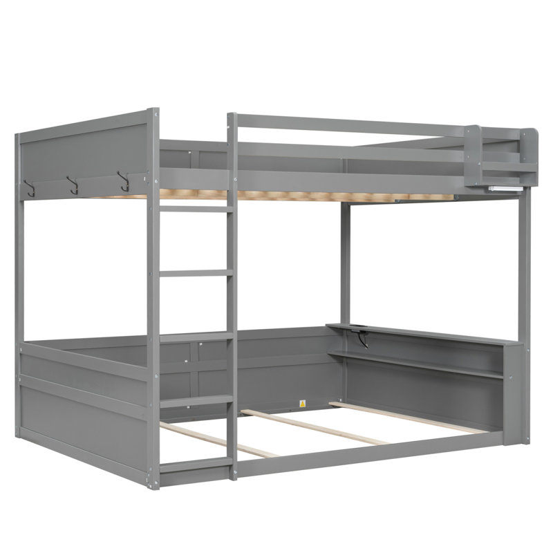 Grand lit superposé en bois avec tablettes intégrées, boîte de rangement, lumière DEL et station de charge USB, gris