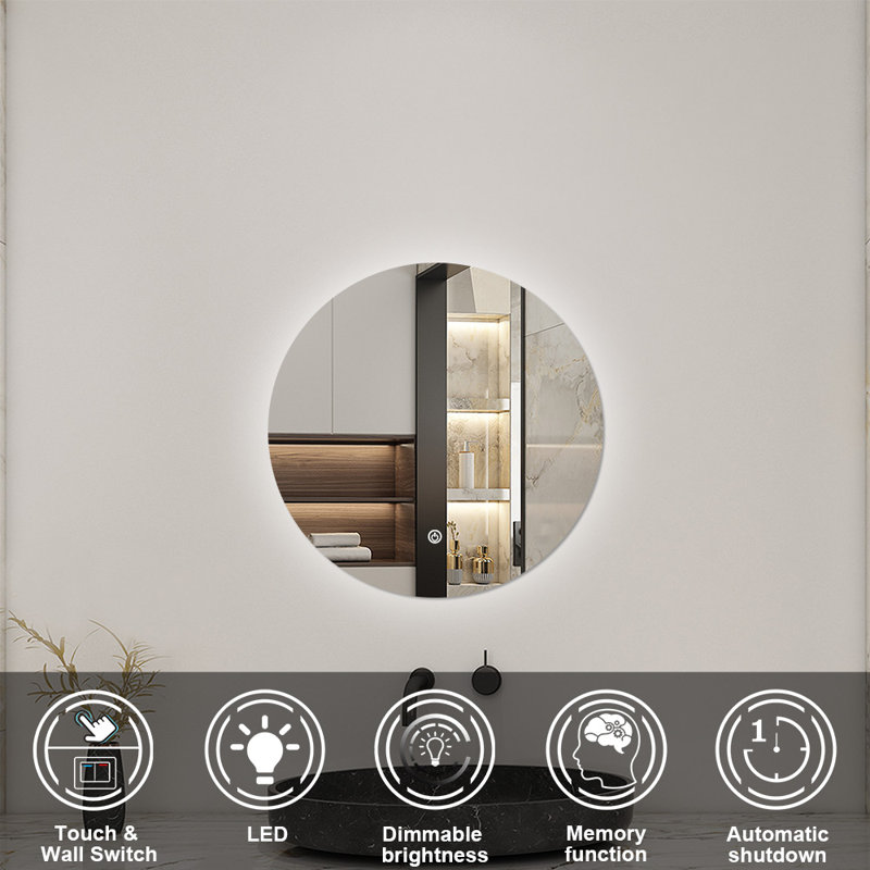 Bathroom LED Mirror with Lights Touch Sensor Switch, 500x500mm, Round