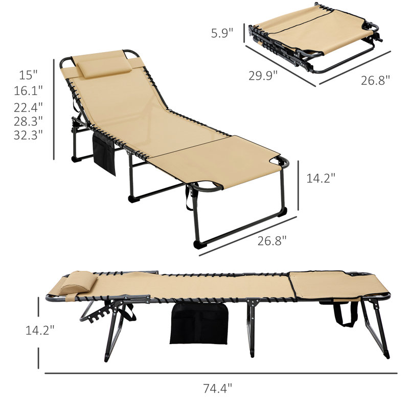 5-Recline Angle Outdoor Chair, , Storage Pocket, Foldable, Beige, For Beach, Patio, Yard Patio Chair , Frame, 5 Reclining Settings, Beige Relaxing